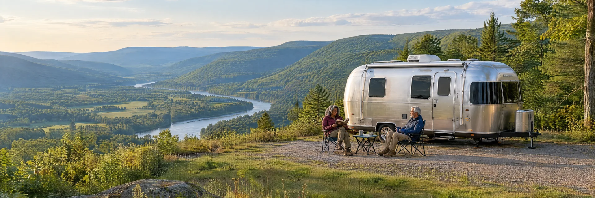 Illustration of campers enjoying relaxing at camp beside a rounded silver travel trailer in a fictional camping setting inspired by Delhi, NY.