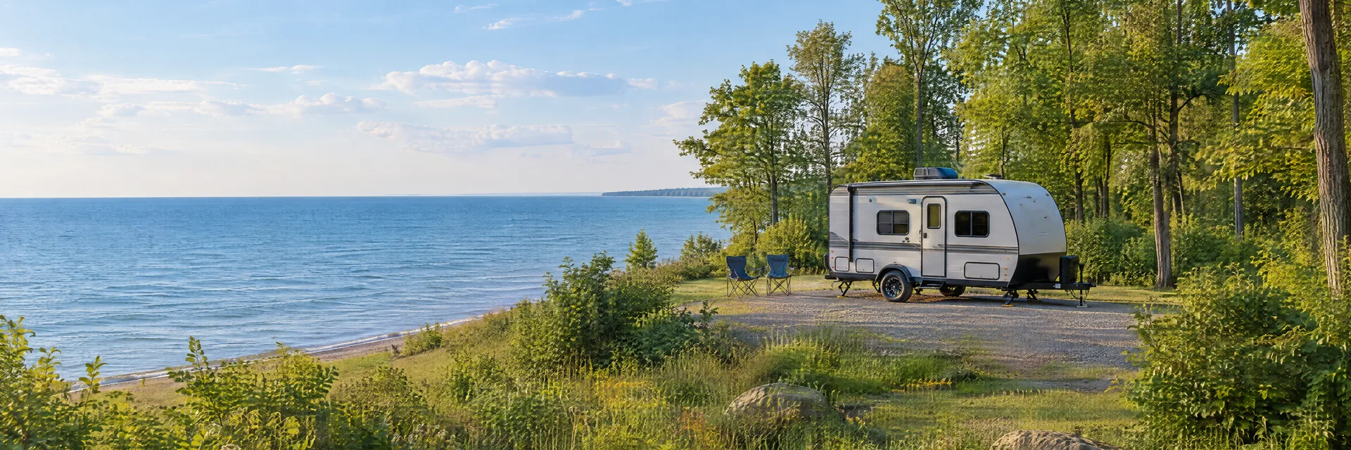 Illustration of a compact travel trailer at a fictional camping setting inspired by Fair Haven, NY.
