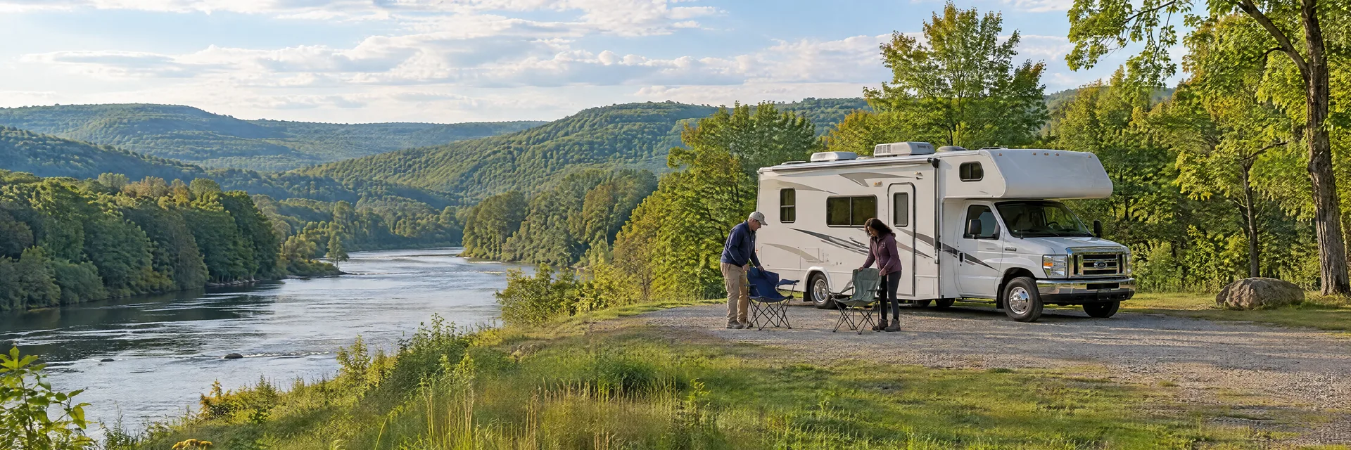 Illustration of campers enjoying setting up camp beside a Class C motorhome in a fictional camping setting inspired by Houghton, NY.