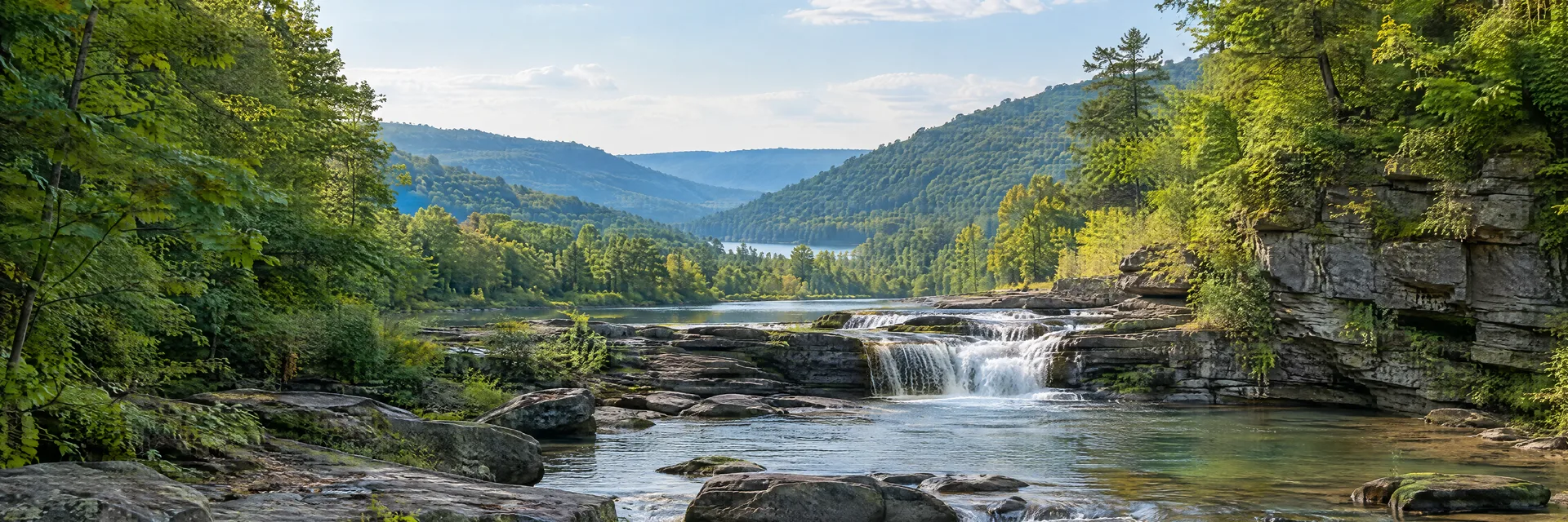 Illustration inspired by Ithaca, NY: finger Lakes wooded gorge with a rocky stream and modest cascades.
