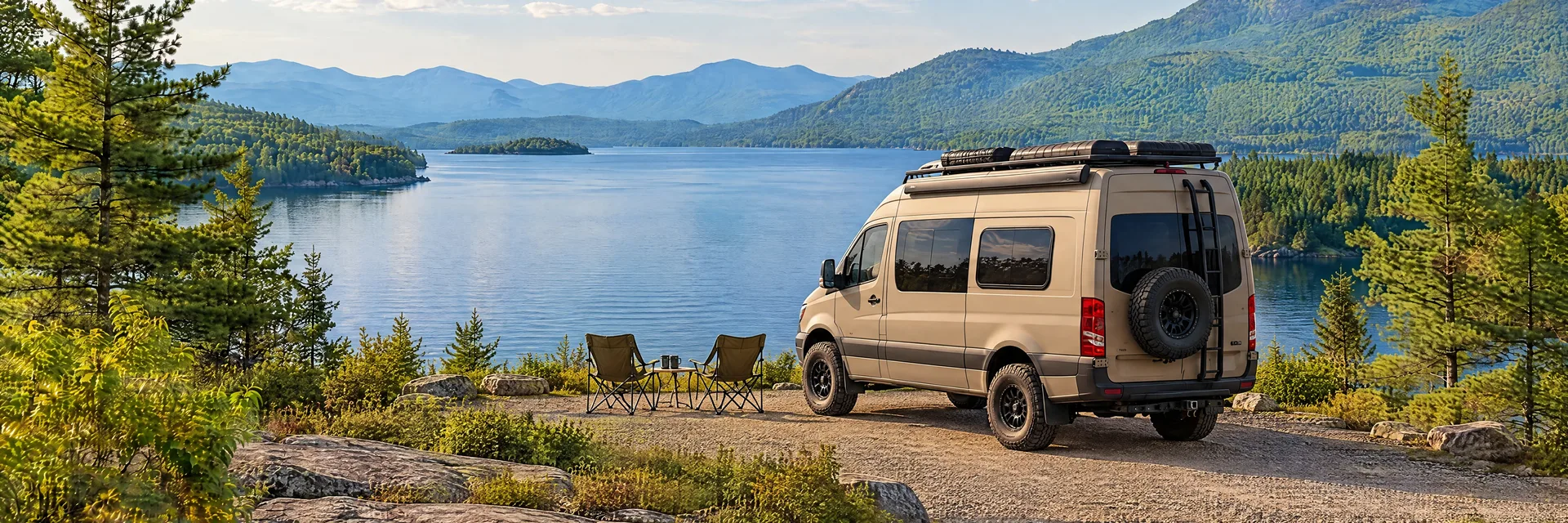Illustration of a sand-colored rugged campervan at a fictional camping setting inspired by LAKE GEORGE, NY.