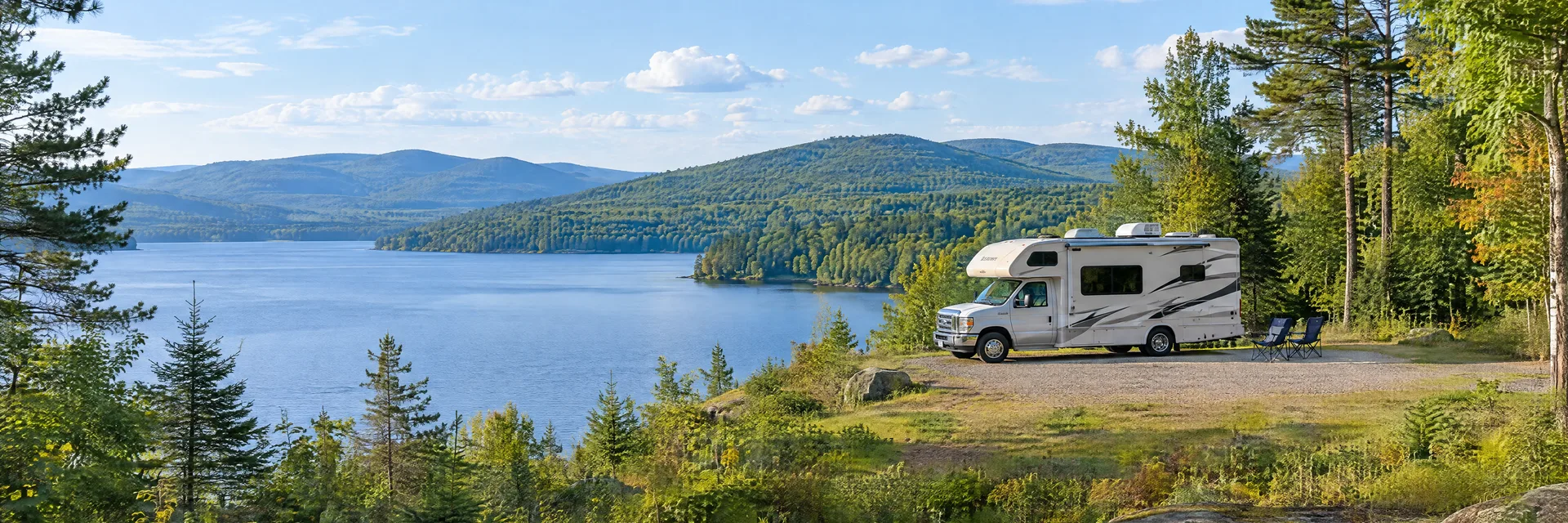Illustration of a Class C motorhome at a fictional camping setting inspired by Lake Luzerne, NY.
