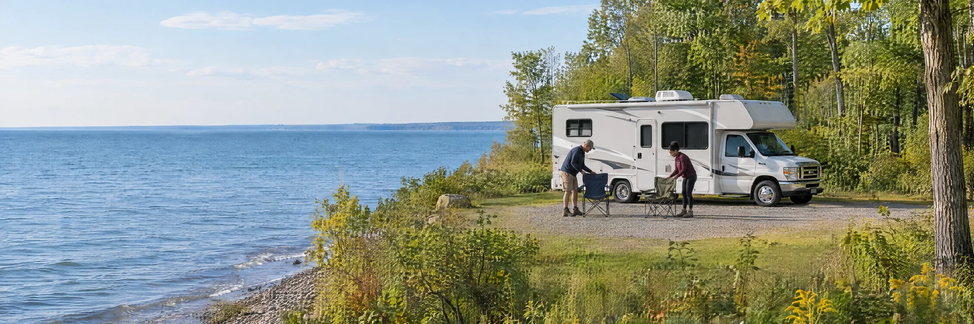 Illustration of campers enjoying setting up camp beside a Class C motorhome in a fictional camping setting inspired by Mexico, NY.