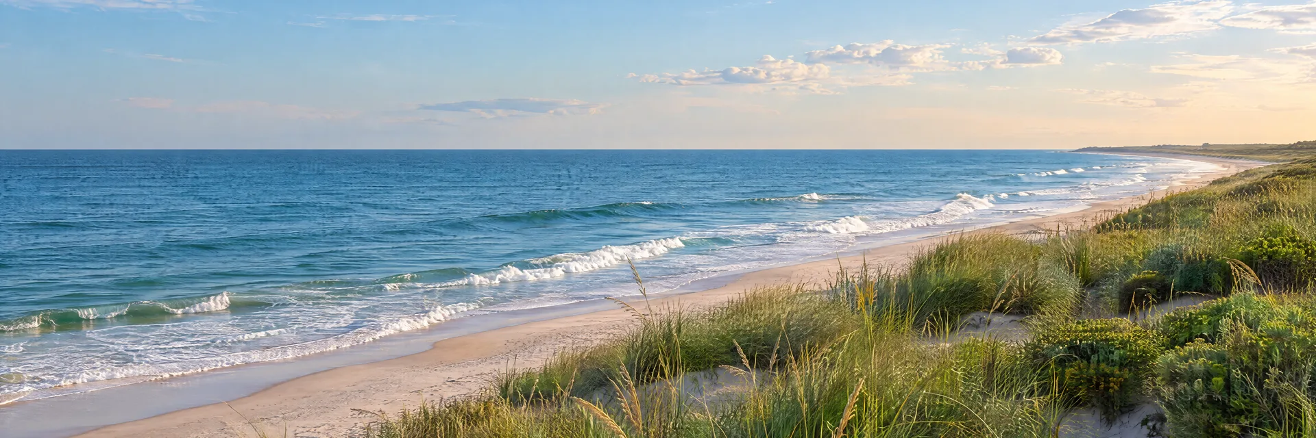 Illustration inspired by MONTAUK, NY: long Island Atlantic coast, sandy shore, low dunes, native grasses and open blue sea.