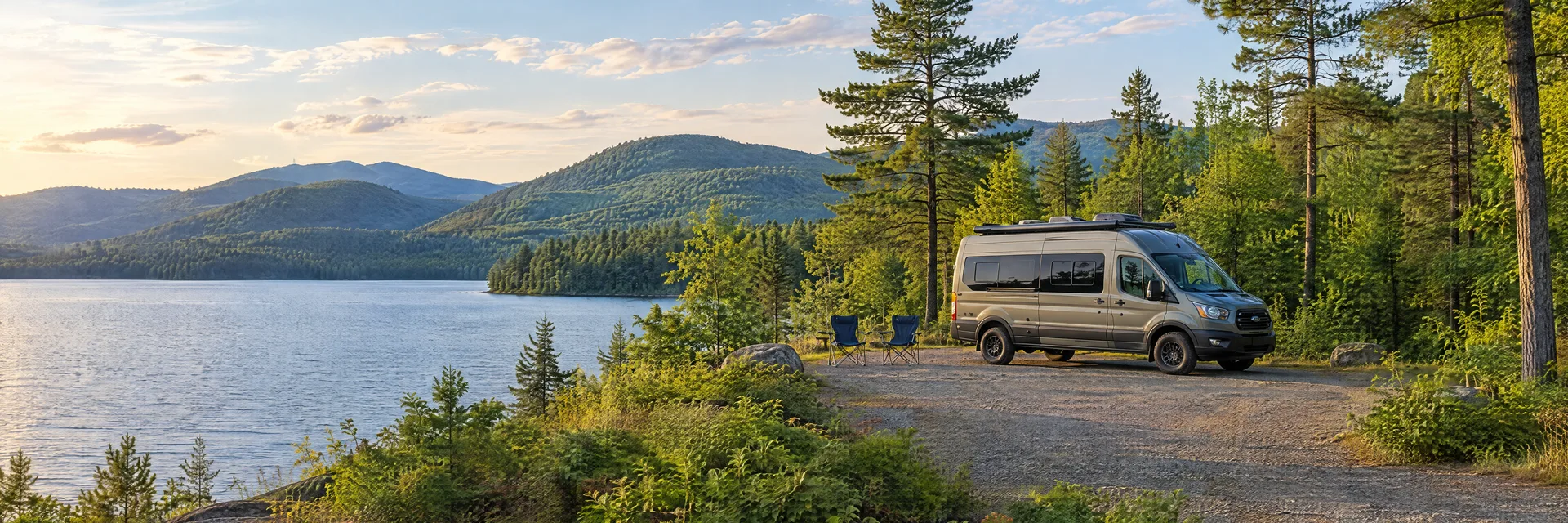 Illustration of a camper van at a fictional camping setting inspired by OLD FORGE, NY.