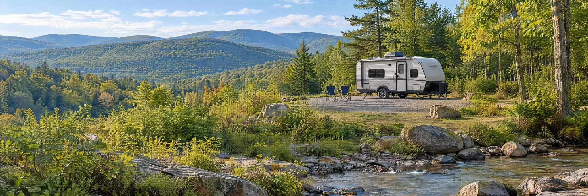 Illustration of a compact travel trailer at a fictional camping setting inspired by Parksville, NY.