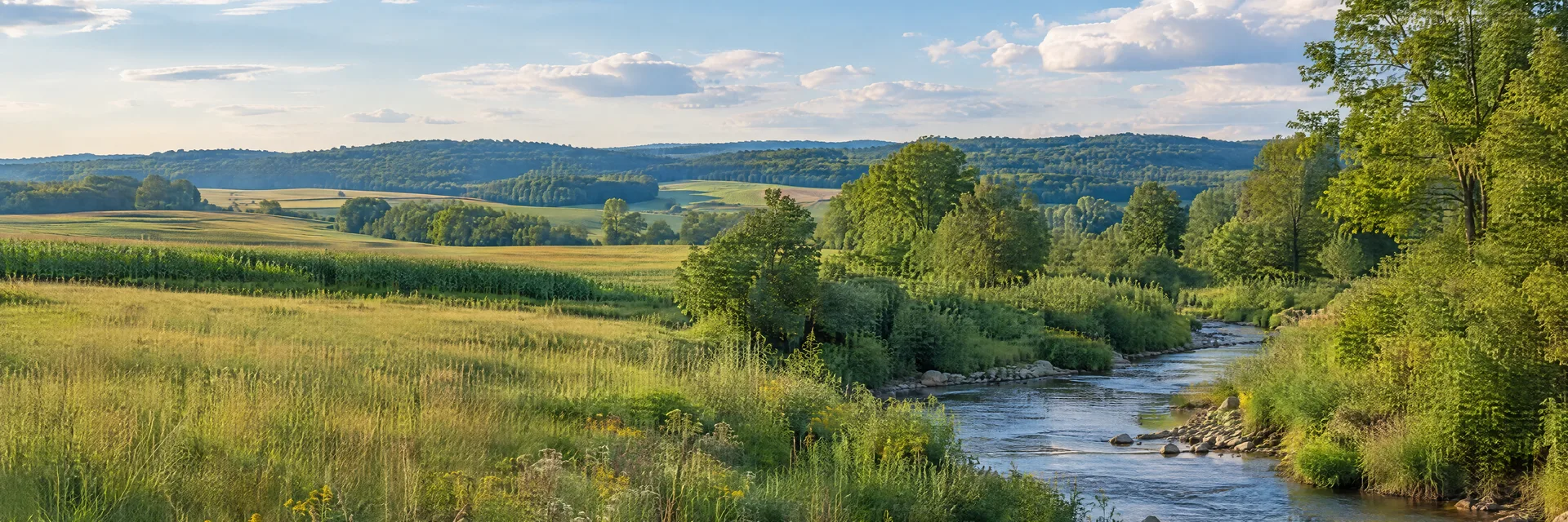 Illustration inspired by Pavilion, NY: western New York rolling farmland, grassy meadow and leafy creek.