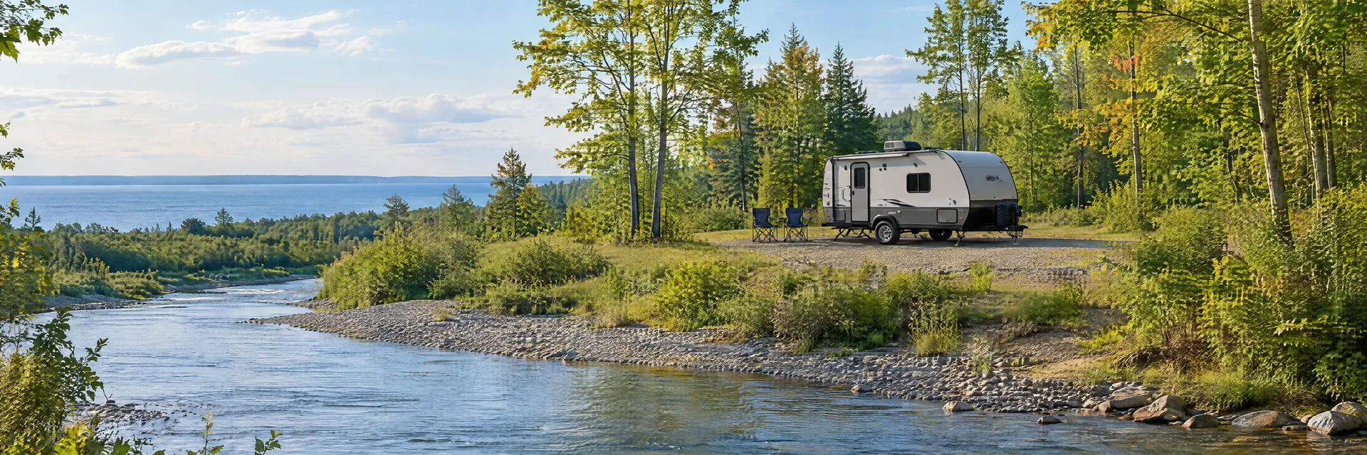Illustration of a compact travel trailer at a fictional camping setting inspired by Pulaski, NY.