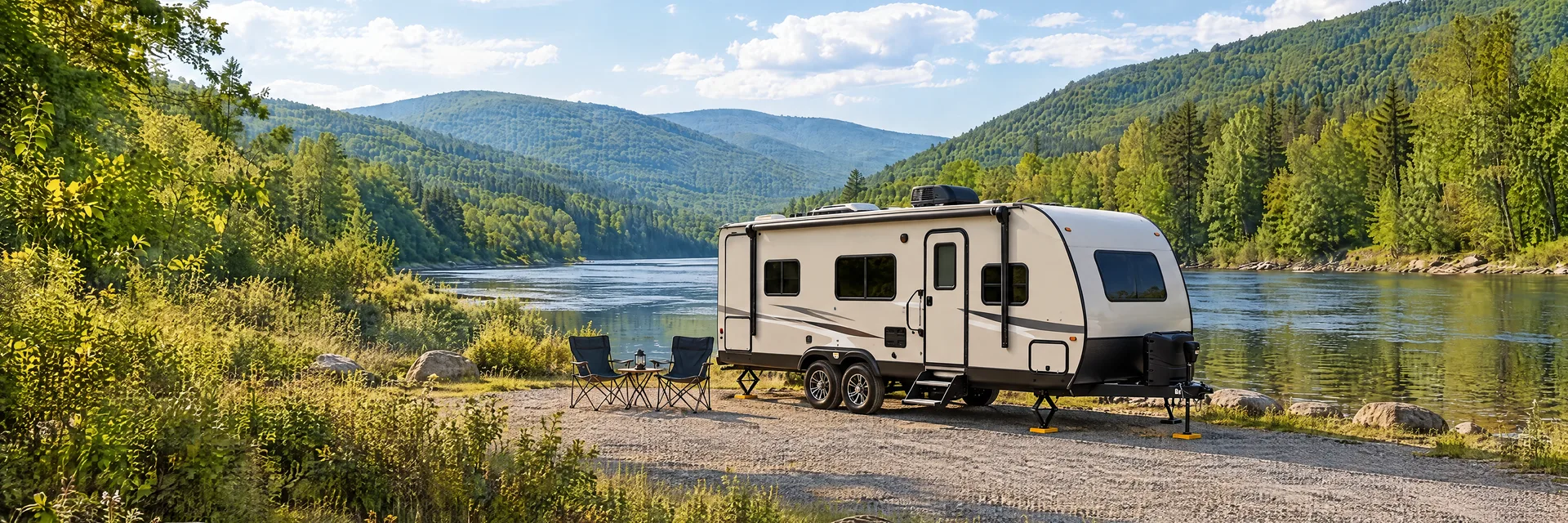 Illustration of a ivory tandem-axle travel trailer with visible hitch and stabilizers at a fictional camping setting inspired by Roscoe, NY.