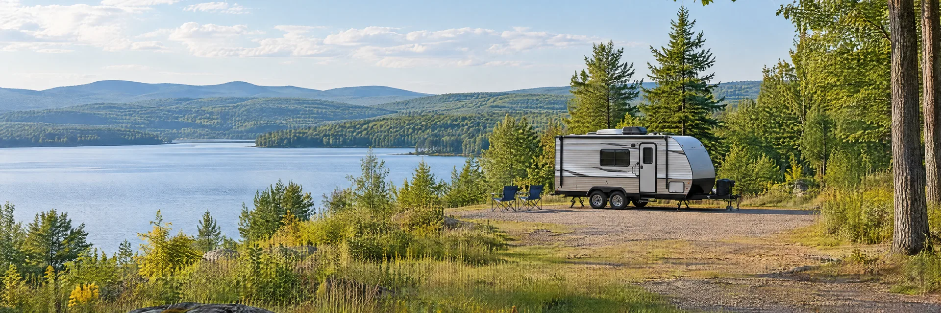 Illustration of a compact travel trailer at a fictional camping setting inspired by Saratoga Springs, NY.