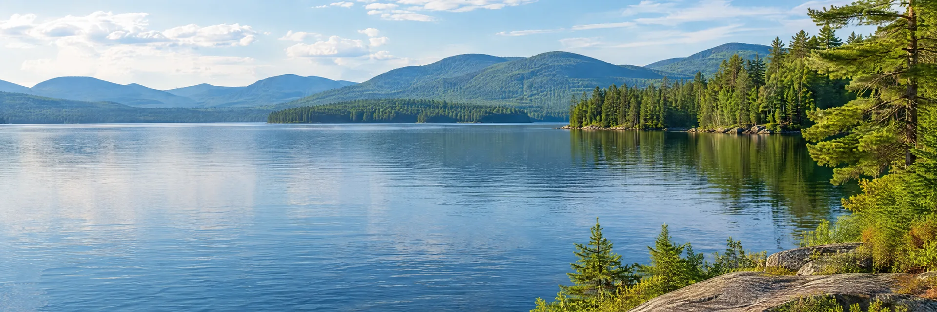 Illustration inspired by Schroon Lake, NY: adirondack freshwater lake with pine forest and rounded mountain ridges.