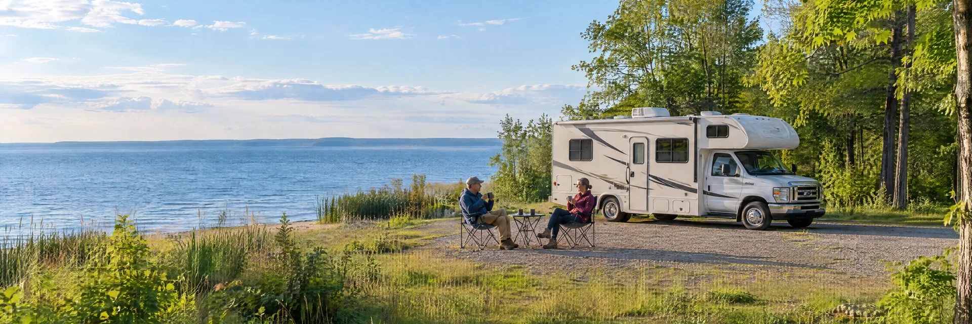 Illustration of campers enjoying morning coffee beside a Class C motorhome in a fictional camping setting inspired by Sylvan Beach, NY.