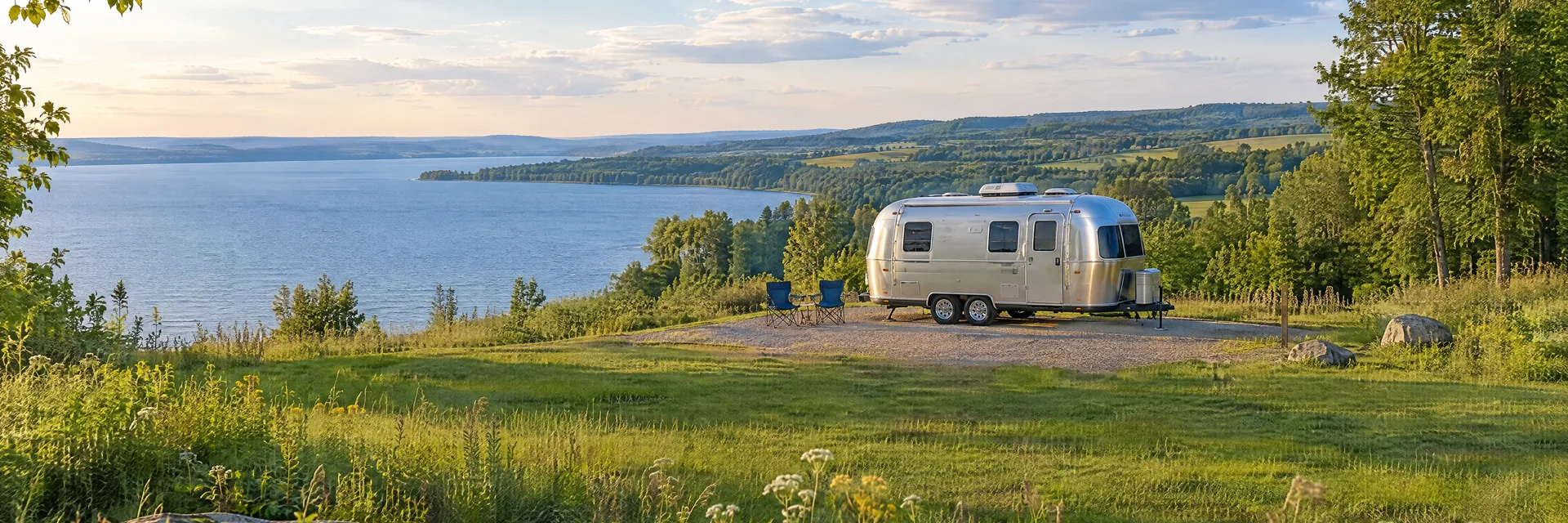 Illustration of a rounded silver travel trailer at a fictional camping setting inspired by Syracuse, NY.