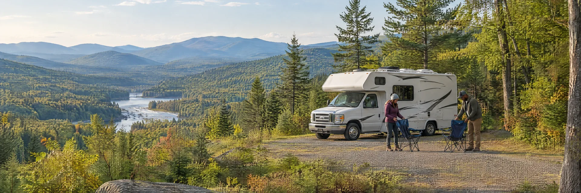 Illustration of campers enjoying setting up camp beside a Class C motorhome in a fictional camping setting inspired by Warrensburg, NY.