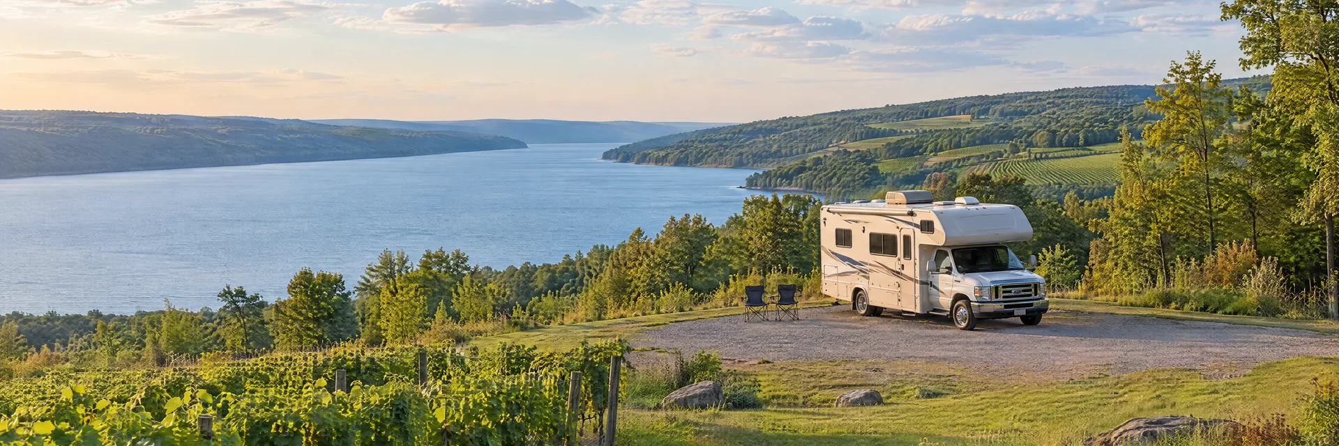 Illustration of a Class C motorhome at a fictional camping setting inspired by WATKINS GLEN, NY.