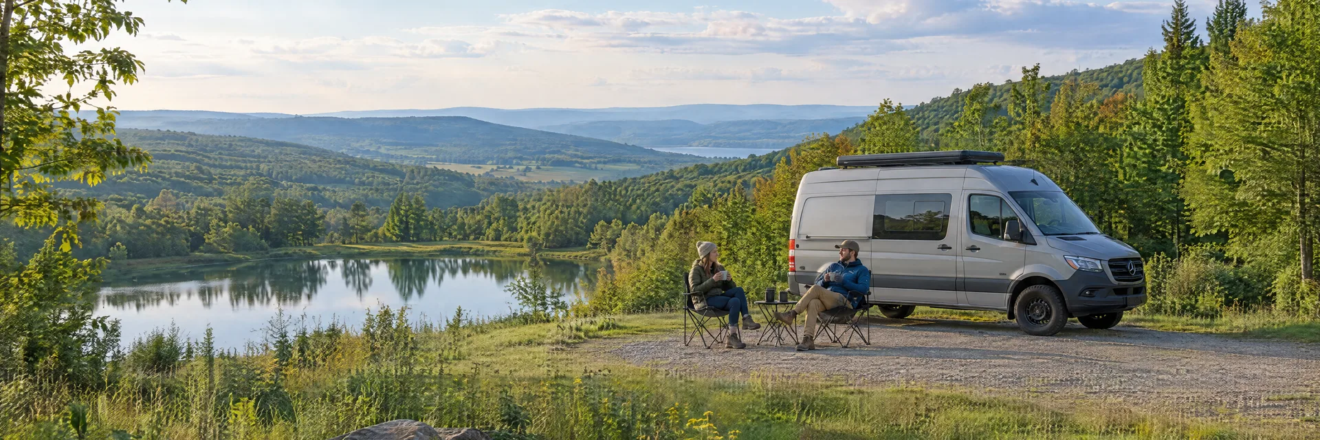 Illustration of campers enjoying morning coffee beside a camper van in a fictional camping setting inspired by Wayland, NY.