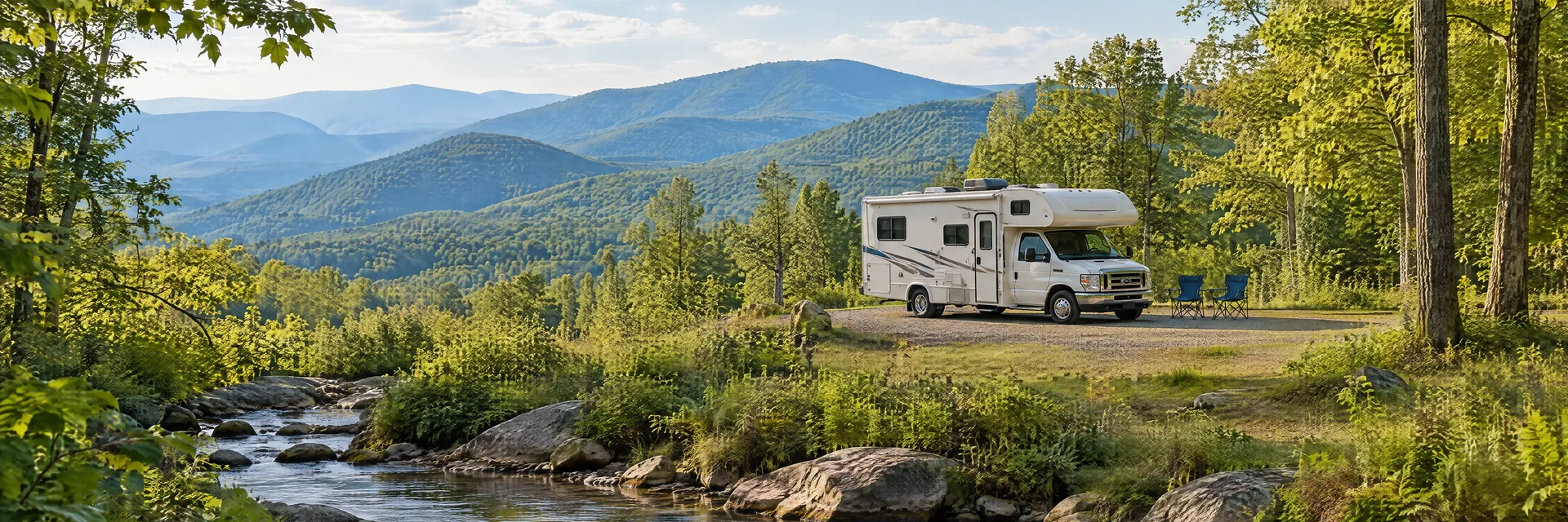 Illustration of a Class C motorhome at a fictional camping setting inspired by Woodstock, NY.