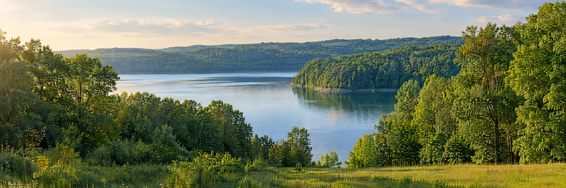 Illustration inspired by Akron, OH: northeastern Ohio wooded hills, calm lake cove, deciduous forest and a green meadow in warm summer light.