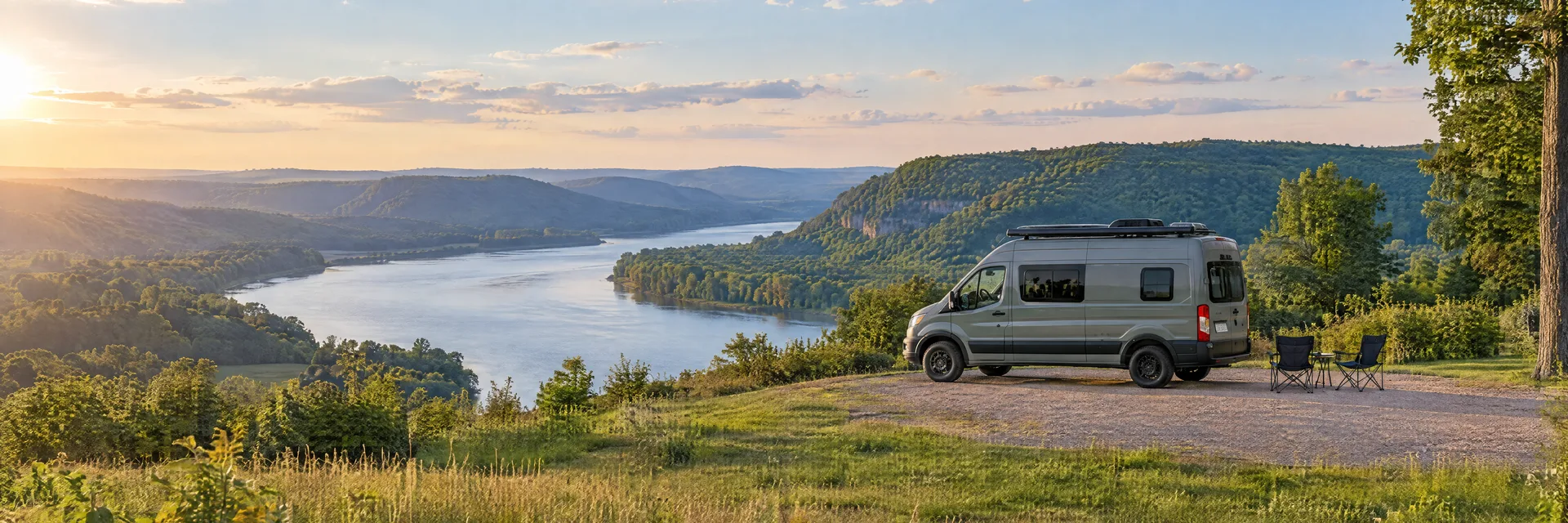 Illustration of a camper van at a fictional camping setting inspired by Cincinnati, OH.