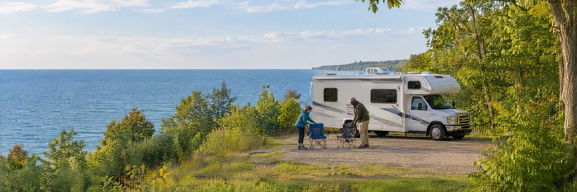 Illustration of campers enjoying setting up camp beside a Class C motorhome in a fictional camping setting inspired by Cleveland, OH.