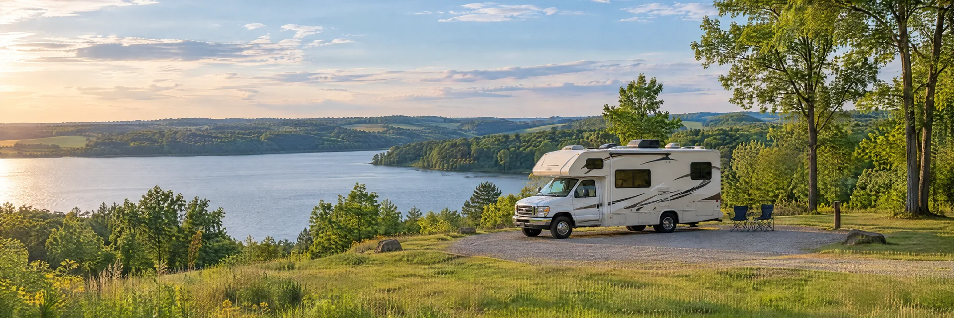 Illustration of a Class C motorhome at a fictional camping setting inspired by Columbus, OH.