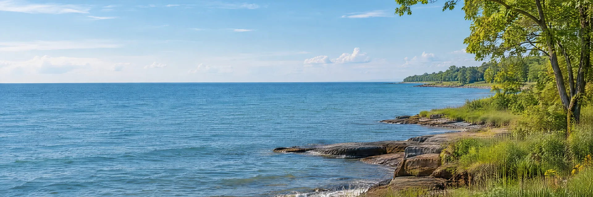 Illustration inspired by Geneva, OH: northeastern Ohio Lake Erie shoreline with low grassy banks, leafy trees and a broad blue freshwater horizon.