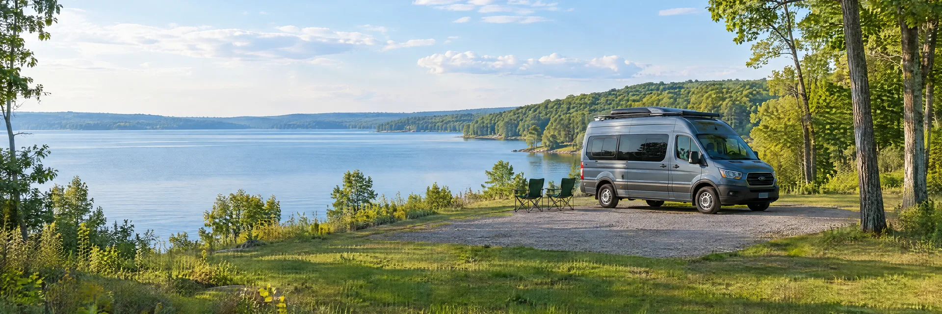 Illustration of a camper van at a fictional camping setting inspired by Lake Milton, OH.