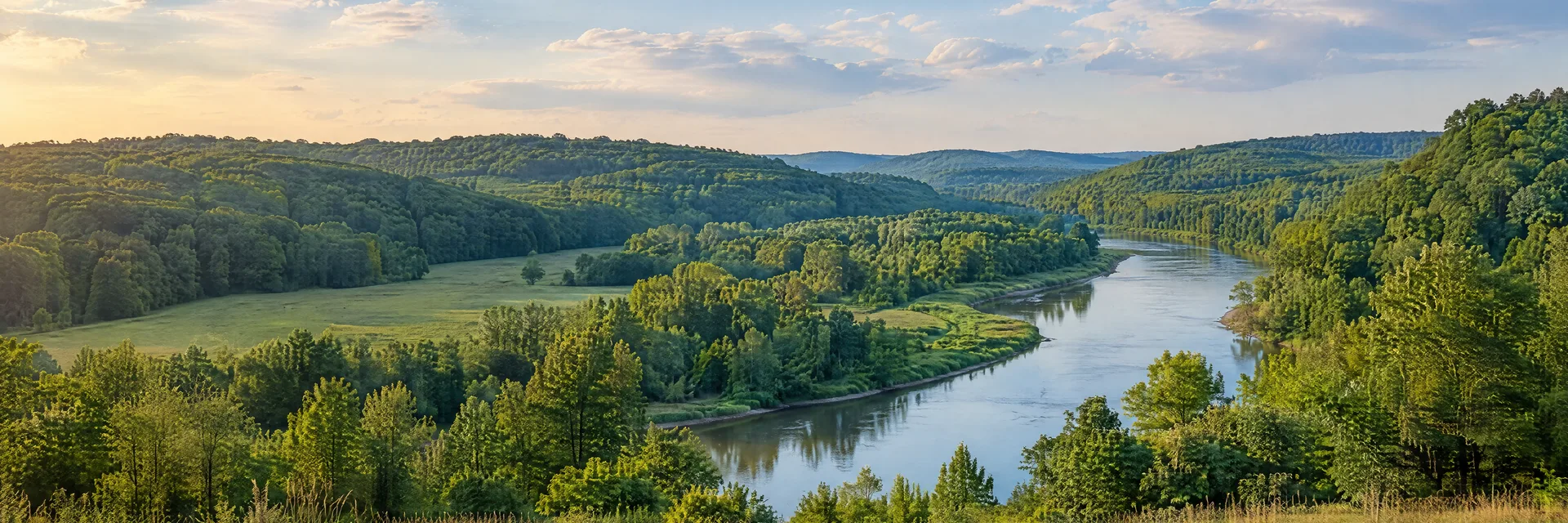 Illustration inspired by Loudonville, OH: north-central Ohio rolling hardwood hills, green meadow and a gently winding river.