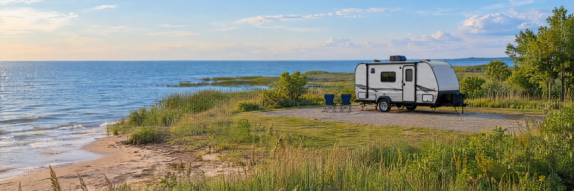 Illustration of a compact travel trailer at a fictional camping setting inspired by Port Clinton, OH.
