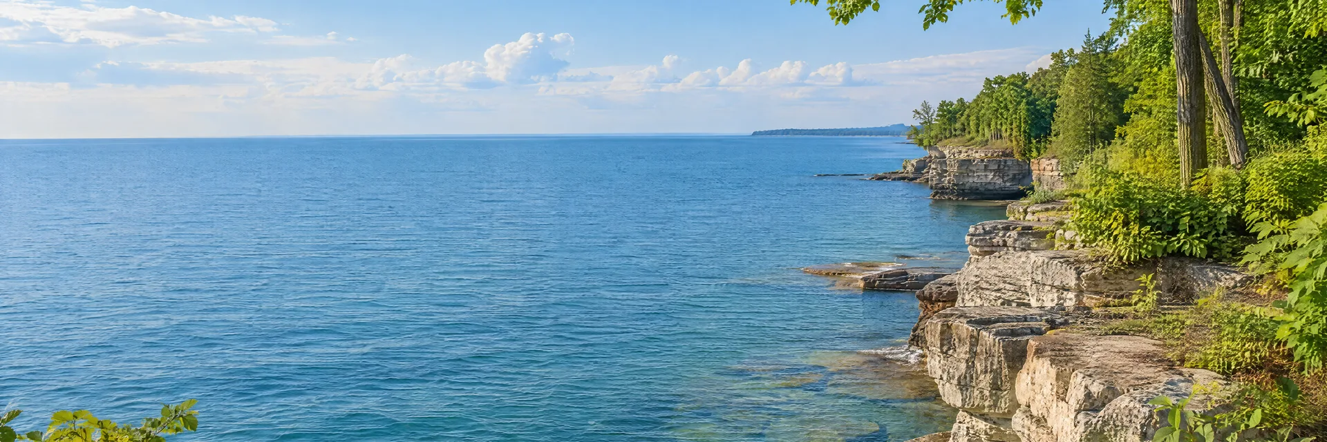 Illustration inspired by Put In Bay, OH: ohio Lake Erie island limestone shore, hardwood trees and broad blue freshwater horizon.