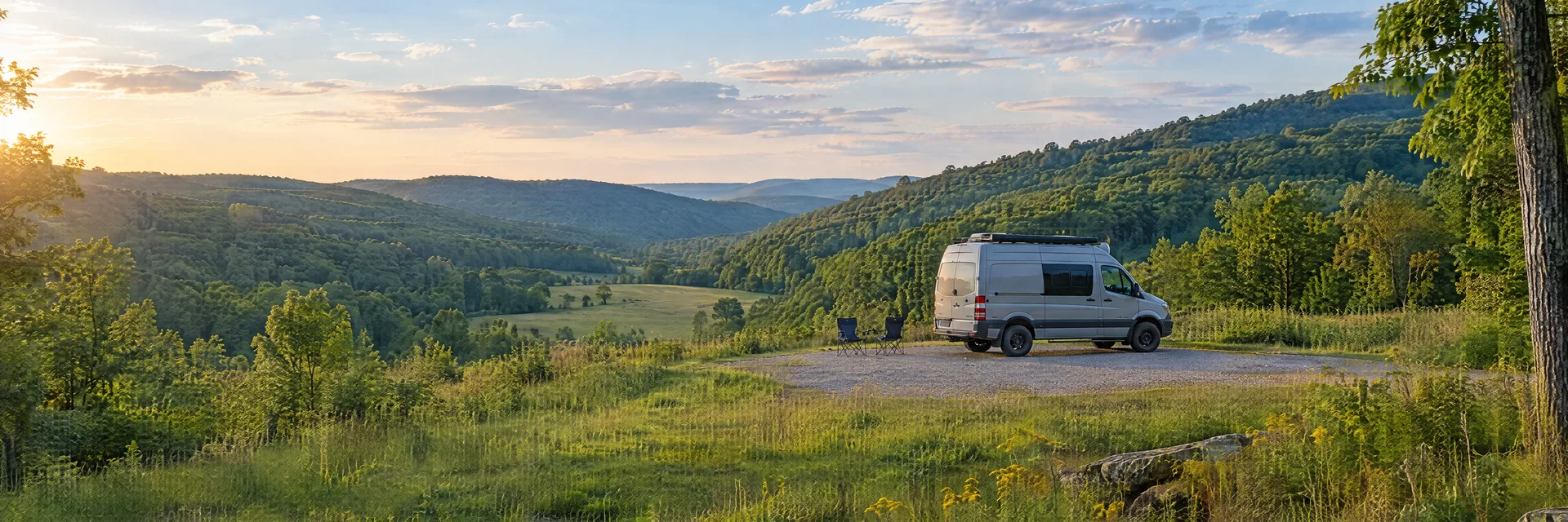 Illustration of a camper van at a fictional camping setting inspired by Rio Grande, OH.