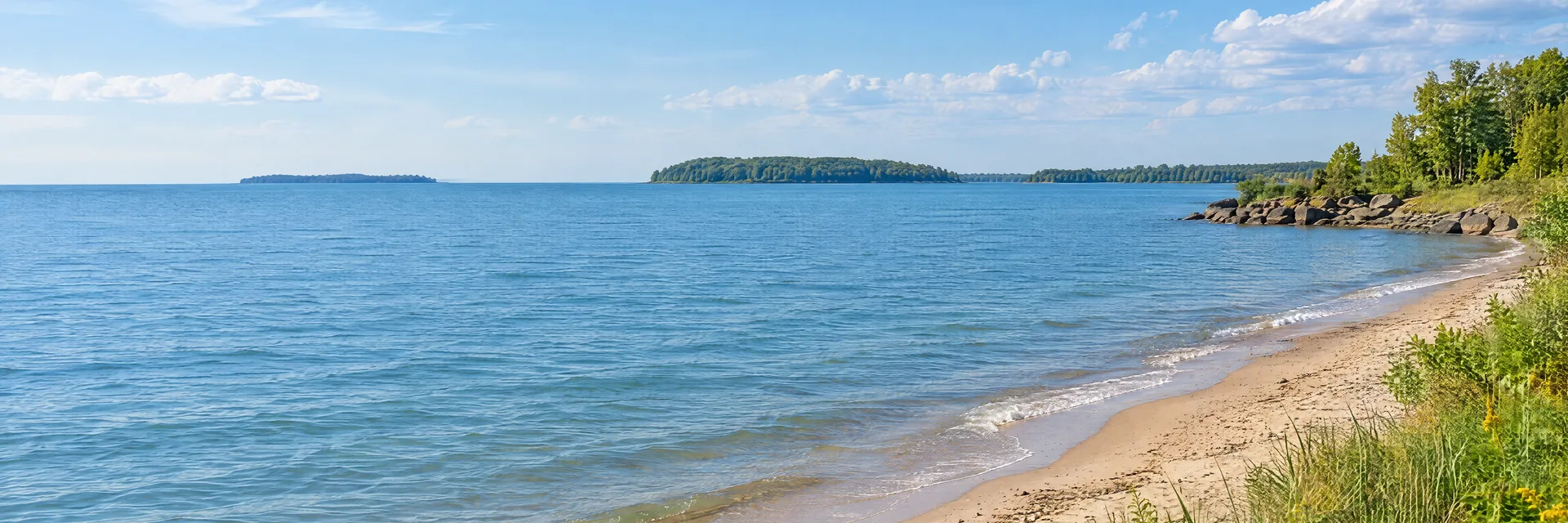 Illustration inspired by Sandusky, OH: lake Erie broad blue water with sandy beach, low green shoreline and distant wooded islands.