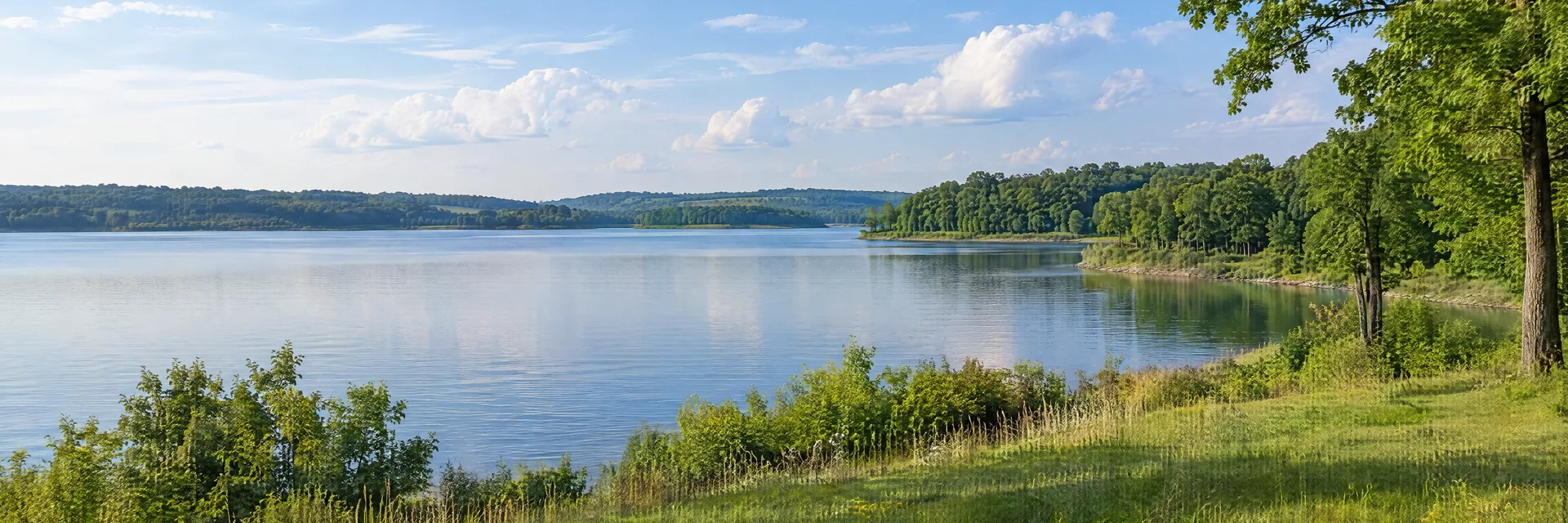 Illustration inspired by Springfield, OH: western Ohio gentle reservoir shoreline with broad grassy clearings, leafy hardwood groves and low rolling land.