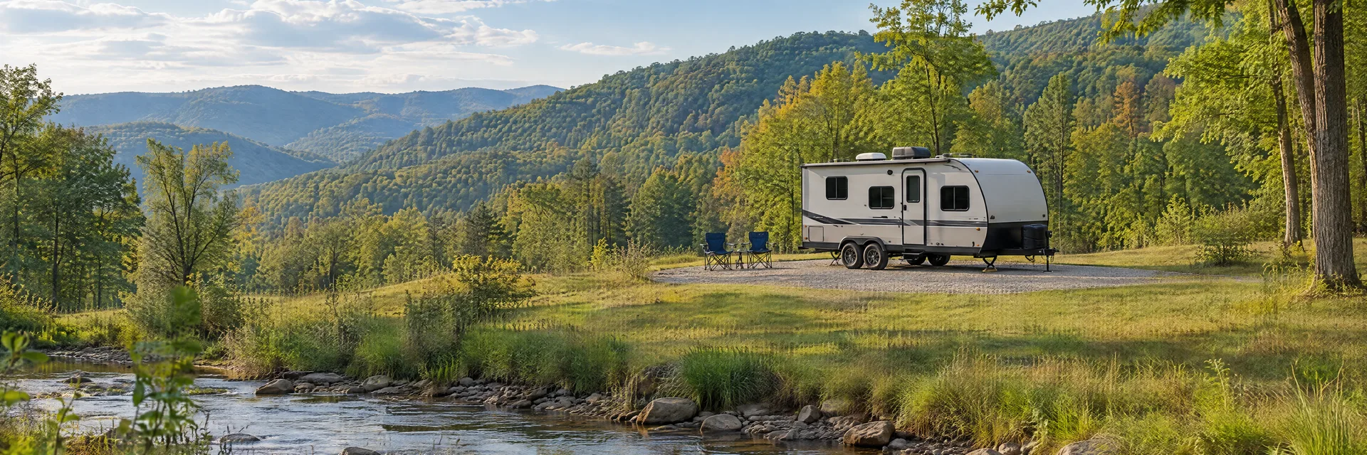 Illustration of a compact travel trailer at a fictional camping setting inspired by Stewart, OH.