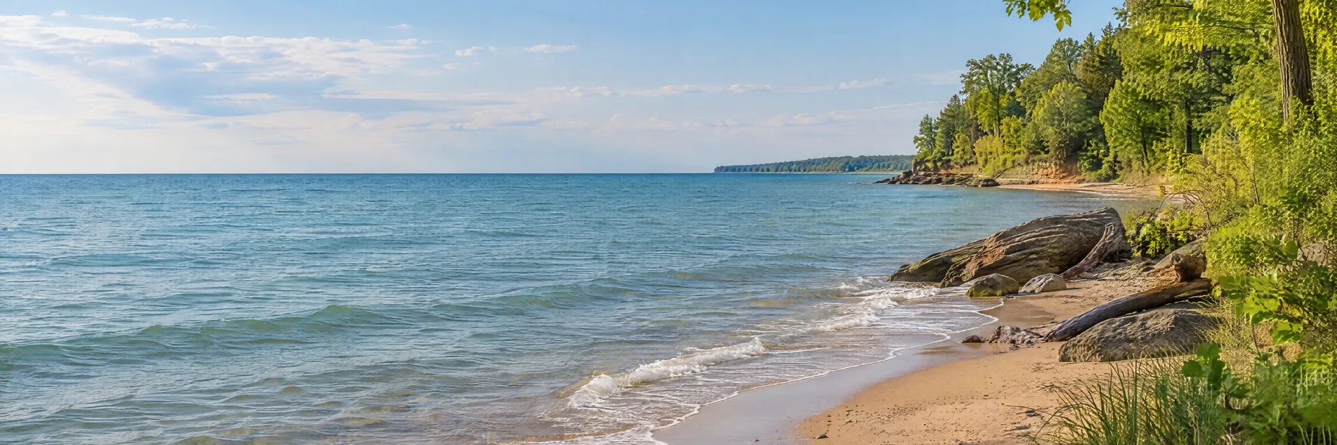 Illustration inspired by Vermillion, OH: northern Ohio Lake Erie shore, sandy beach and leafy woodland.