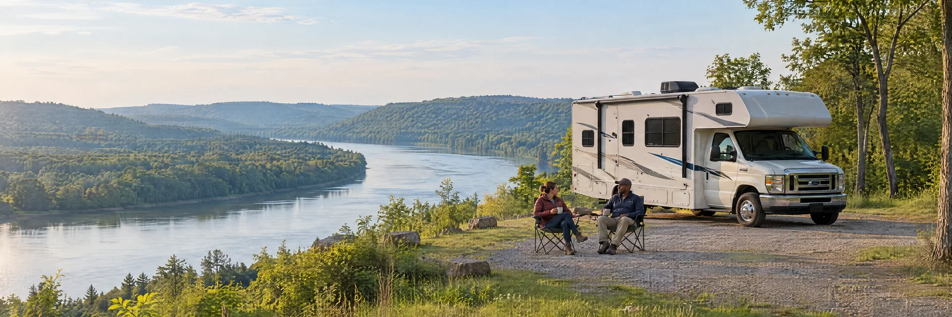Illustration of campers enjoying morning coffee beside a Class C motorhome in a fictional camping setting inspired by Zanesville, OH.