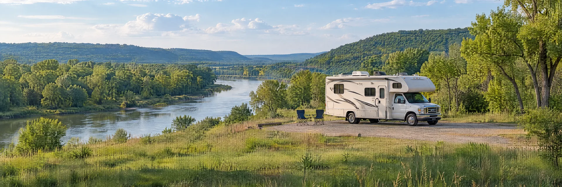 Illustration of a Class C motorhome at a fictional camping setting inspired by Muskogee, OK.