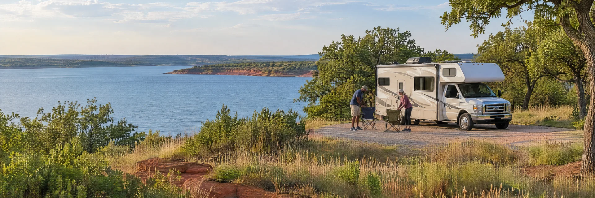 Illustration of campers enjoying setting up camp beside a Class C motorhome in a fictional camping setting inspired by Oklahoma City, OK.