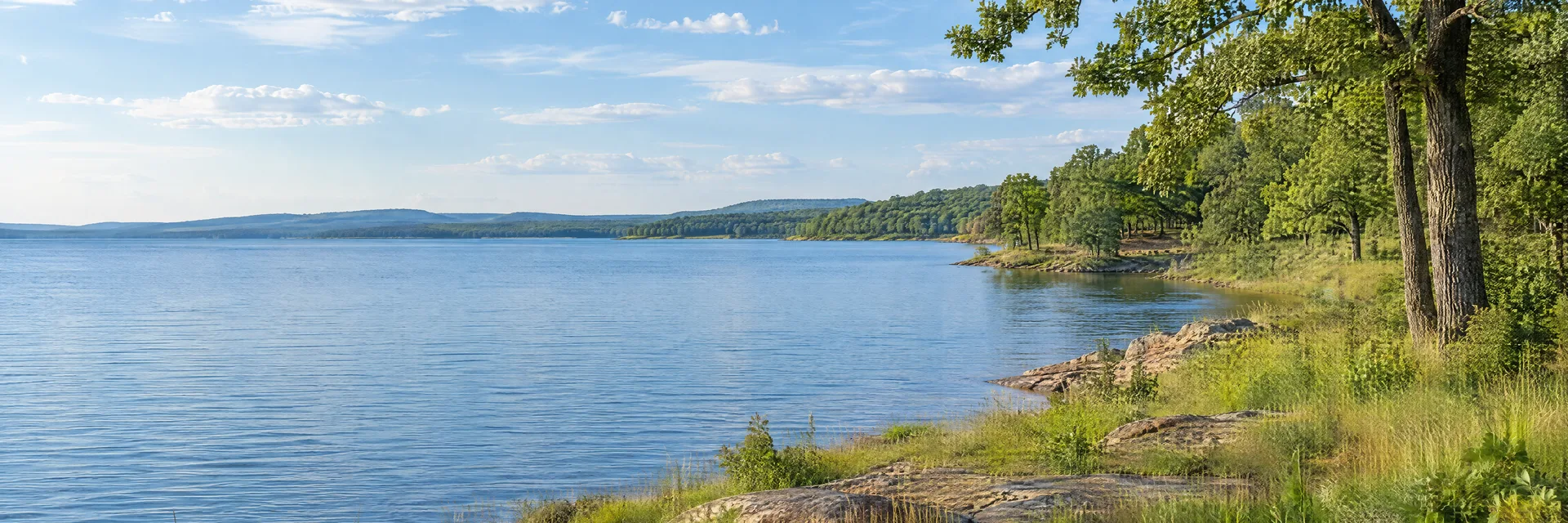 Illustration inspired by Sand Point, OK: southern Oklahoma broad lake with grassy shore and oak woodland.