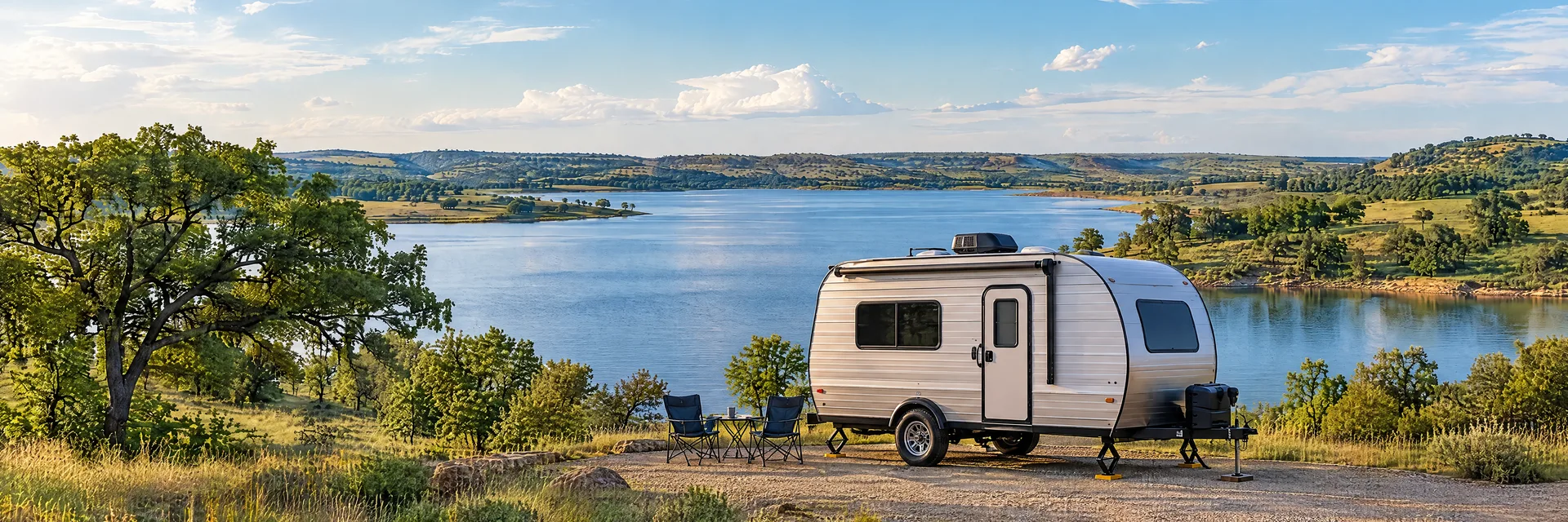 Illustration of a silver compact single-axle travel trailer with visible hitch and stabilizers at a fictional camping setting inspired by Stillwater, OK.