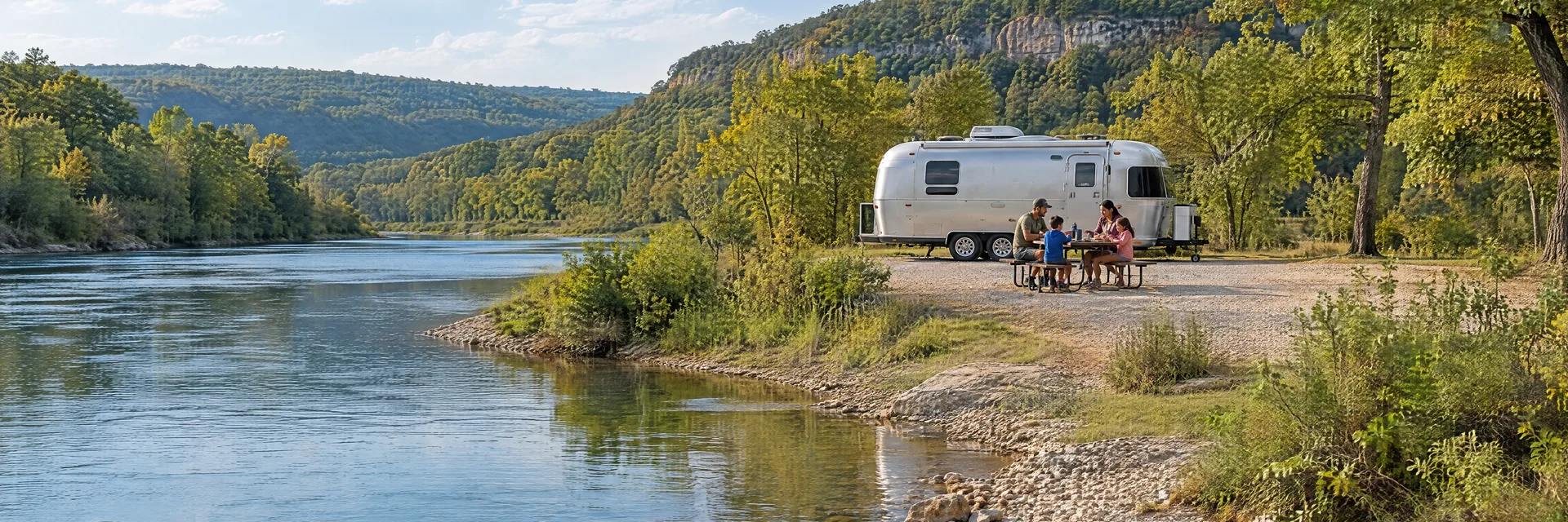 Illustration of campers enjoying a family picnic beside a rounded silver travel trailer in a fictional camping setting inspired by Tahlequah, OK.