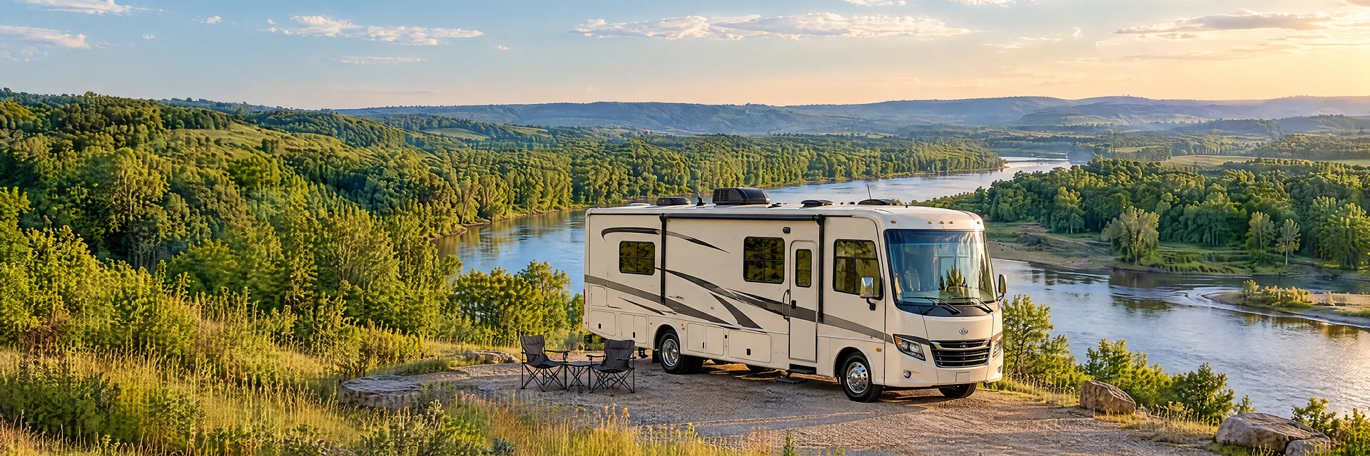 Illustration of a cream Class A motorhome with restrained charcoal trim at a fictional camping setting inspired by Tulsa, OK.