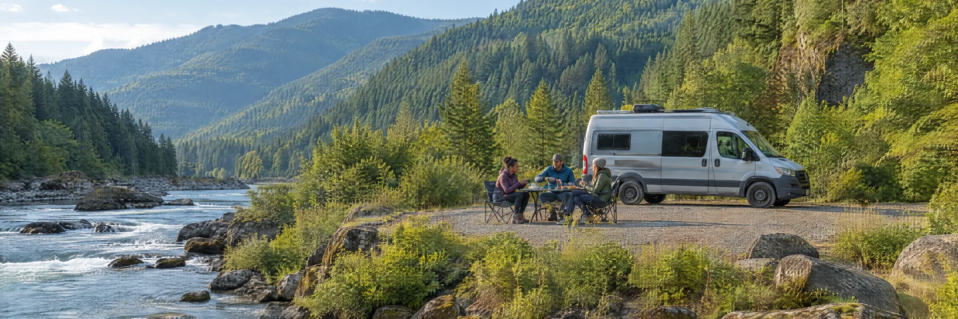 Illustration of campers enjoying an outdoor meal beside a camper van in a fictional camping setting inspired by Agness, OR.