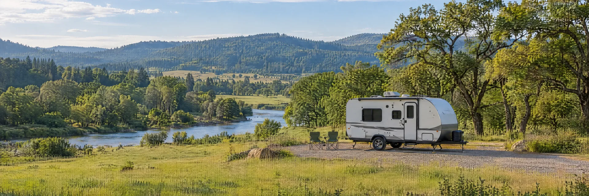 Illustration of a compact travel trailer at a fictional camping setting inspired by Albany, OR.