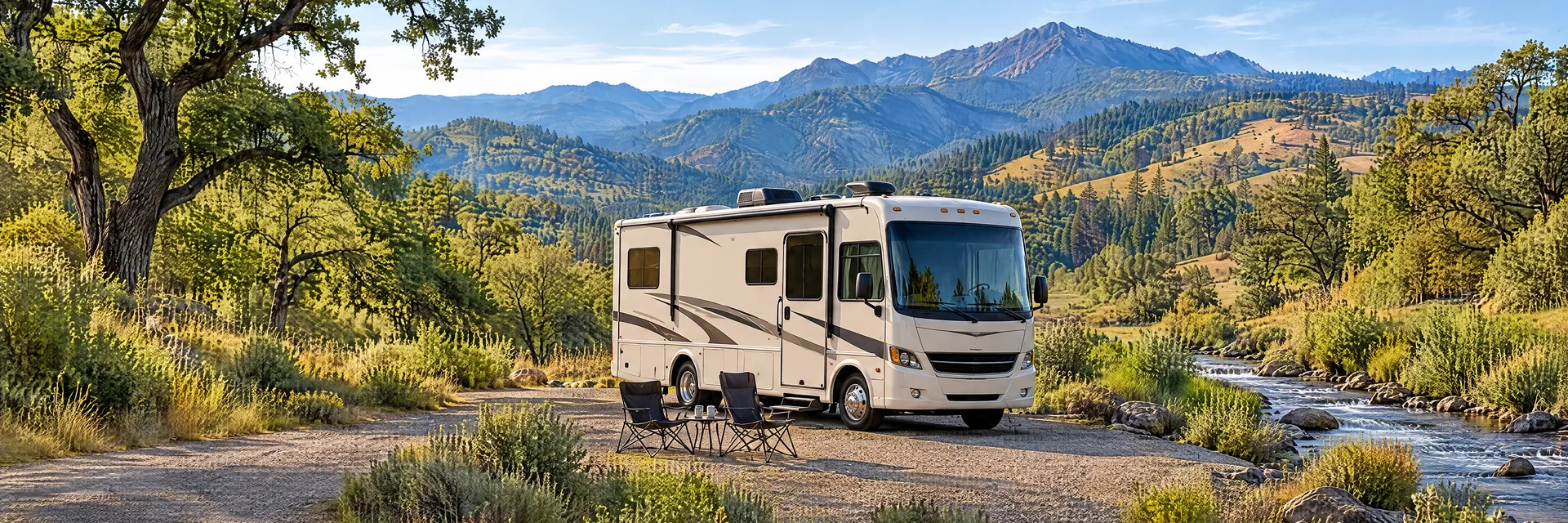Illustration of a cream Class A motorhome with restrained charcoal trim at a fictional camping setting inspired by Ashland, OR.