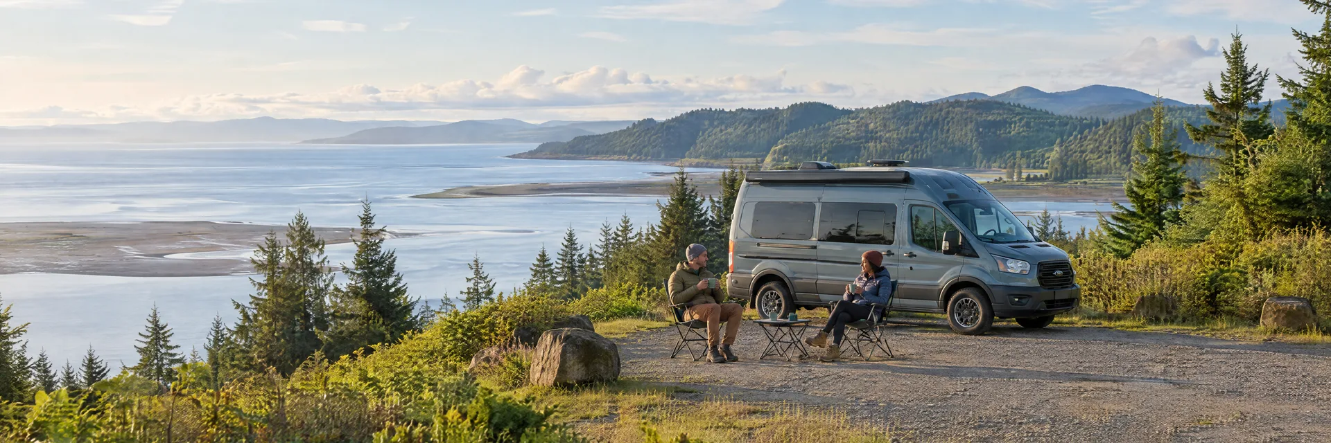 Illustration of campers enjoying morning coffee beside a camper van in a fictional camping setting inspired by Astoria, OR.