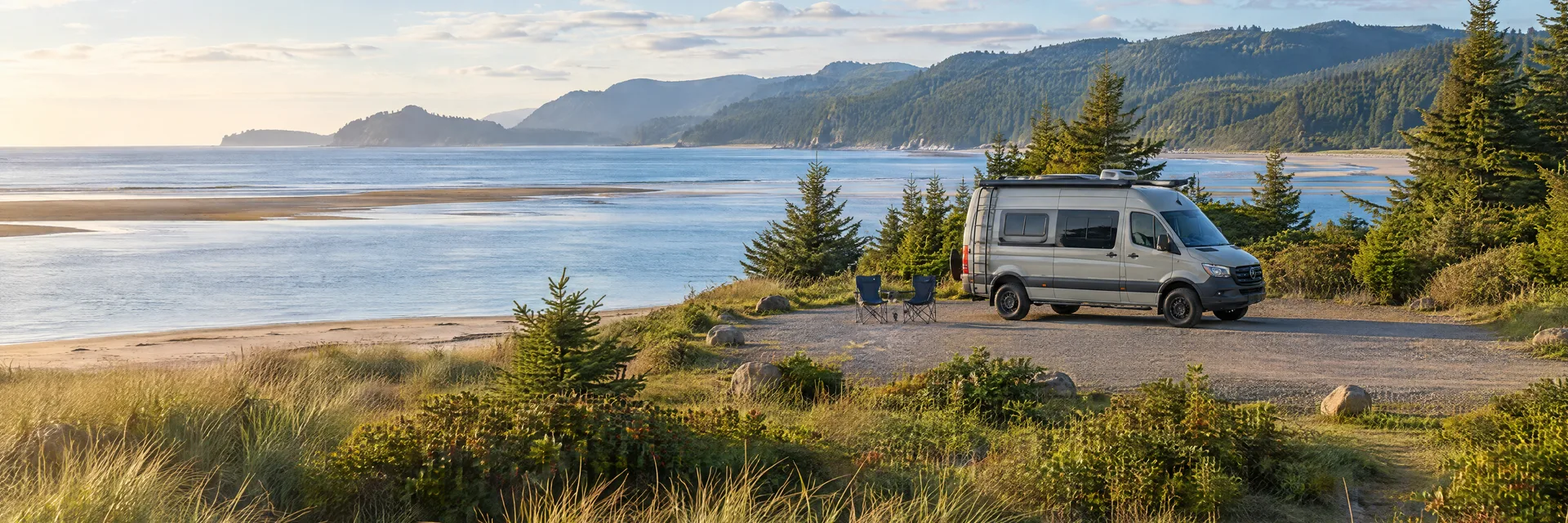 Illustration of a camper van at a fictional camping setting inspired by Barview, OR.