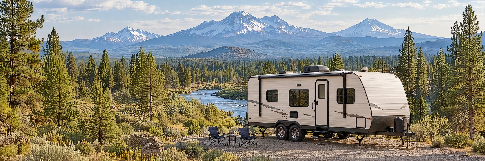 Illustration of a travel trailer at a fictional camping setting inspired by Bend, OR.