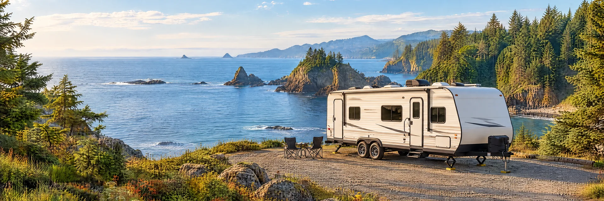 Illustration of a ivory tandem-axle travel trailer with visible hitch and stabilizers at a fictional camping setting inspired by BROOKINGS, OR.