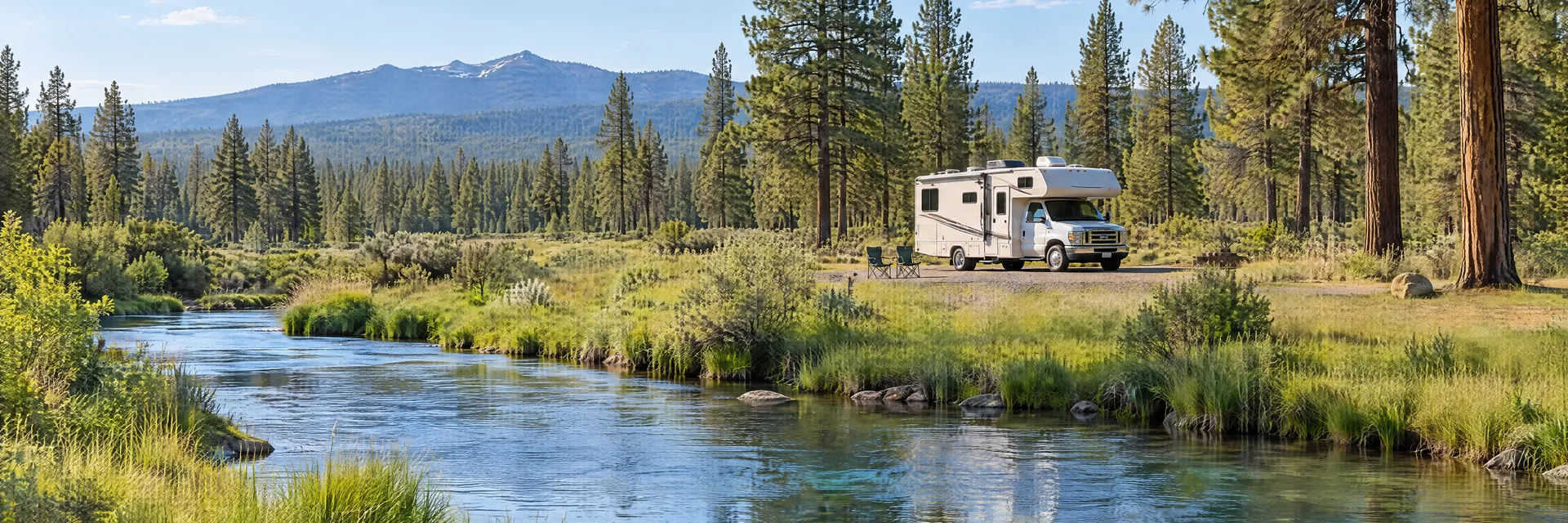 Illustration of a Class C motorhome at a fictional camping setting inspired by Camp Sherman, OR.